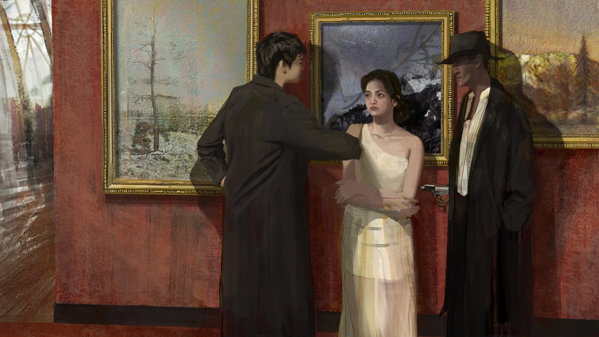 Scene at an art gallery with three people, two men and a woman, standing near two paintings on the wall. One man points a gun at the woman, who looks tense, while the other man stands to her right with hands in pockets, wearing a hat.