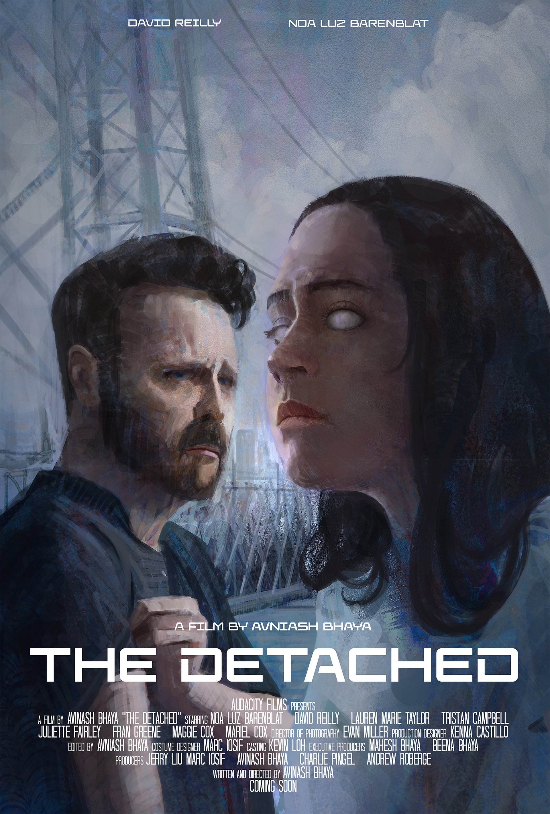 Promotional poster for the film 'The Detached' starring David Reilly and Noa Luz Barenblat, with artwork showing a man with a beard and a woman with dark hair, both looking intently at each other, against a background of an industrial structure.