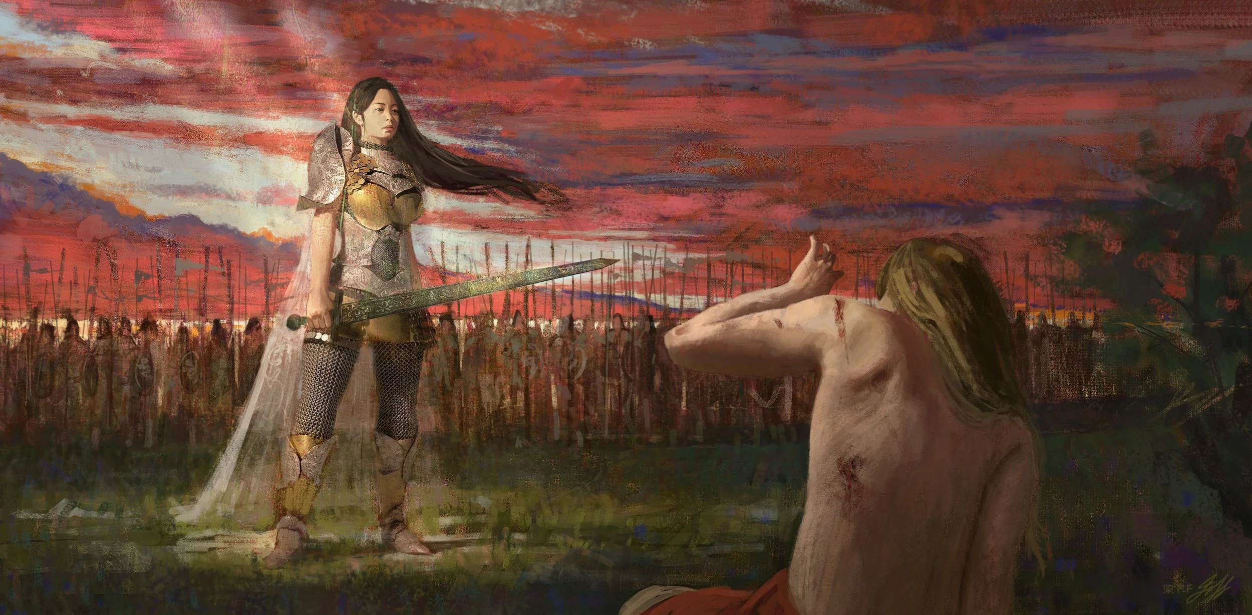 A woman dressed as a warrior with a sword stands over a wounded woman on the ground, set against a dramatic red and purple sunset with rows of shields and soldiers in the background.