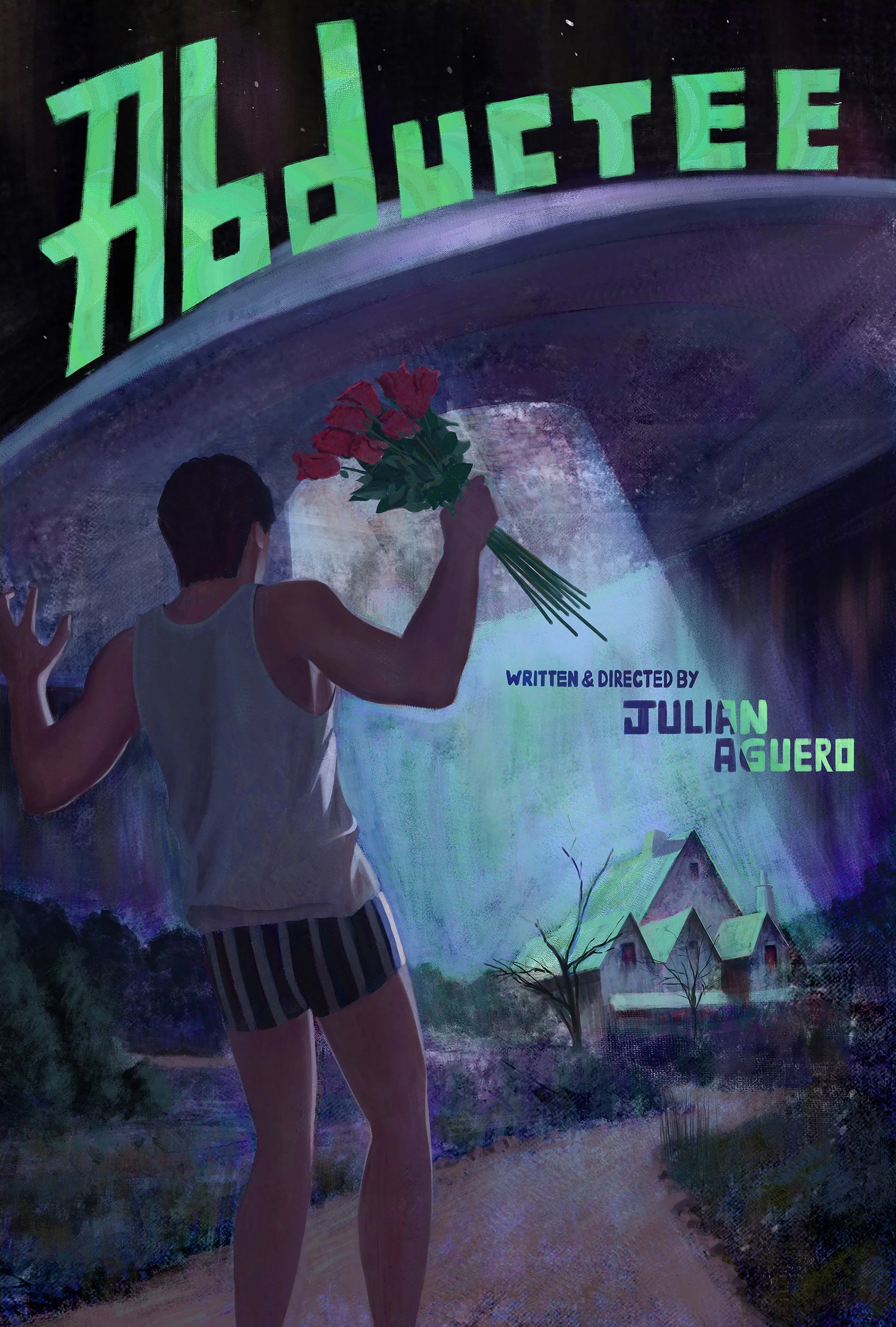 A person standing outdoors at night, holding a bouquet of red flowers. They are wearing a white tank top and striped shorts, facing away from the camera. The background shows houses with lit windows, a small tree, and a house with a pitched roof. The