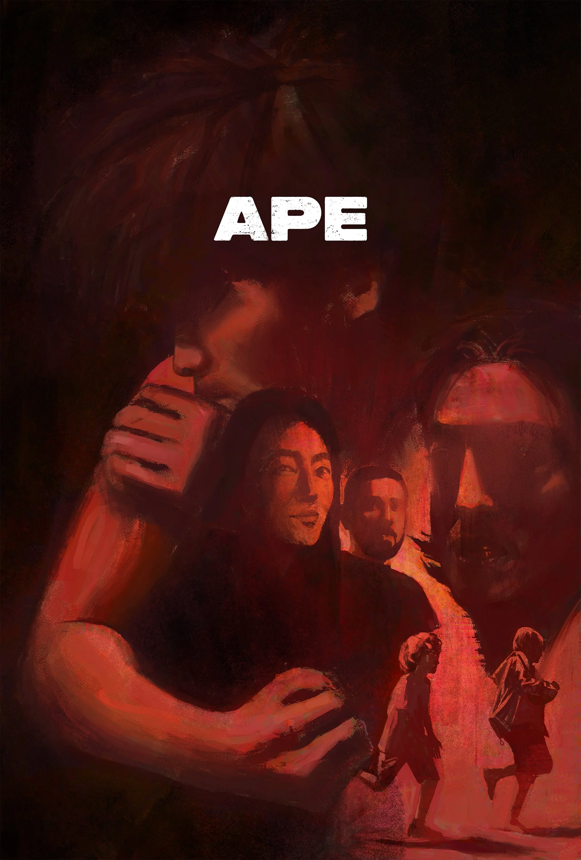 A digital illustration featuring the word 'APE' in bold white letters at the top center, with a stylized depiction of a person with a hand on their chin in the background, surrounded by smaller figures walking and carrying bags, all in shades of red 