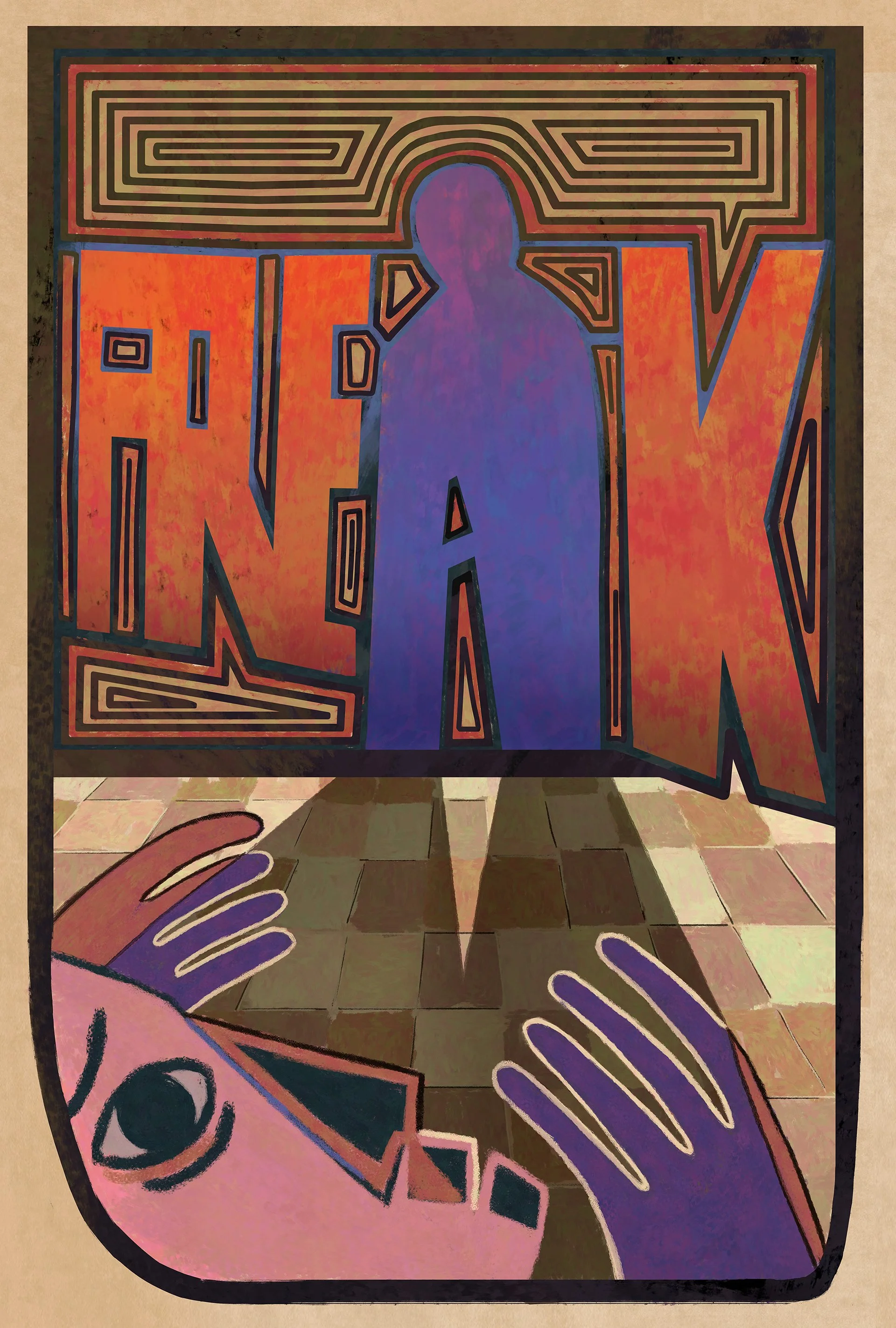 A stylized illustration of a person standing in front of a large, colorful word 'NEO' with abstract patterns and a maze-like design surrounding the figure.