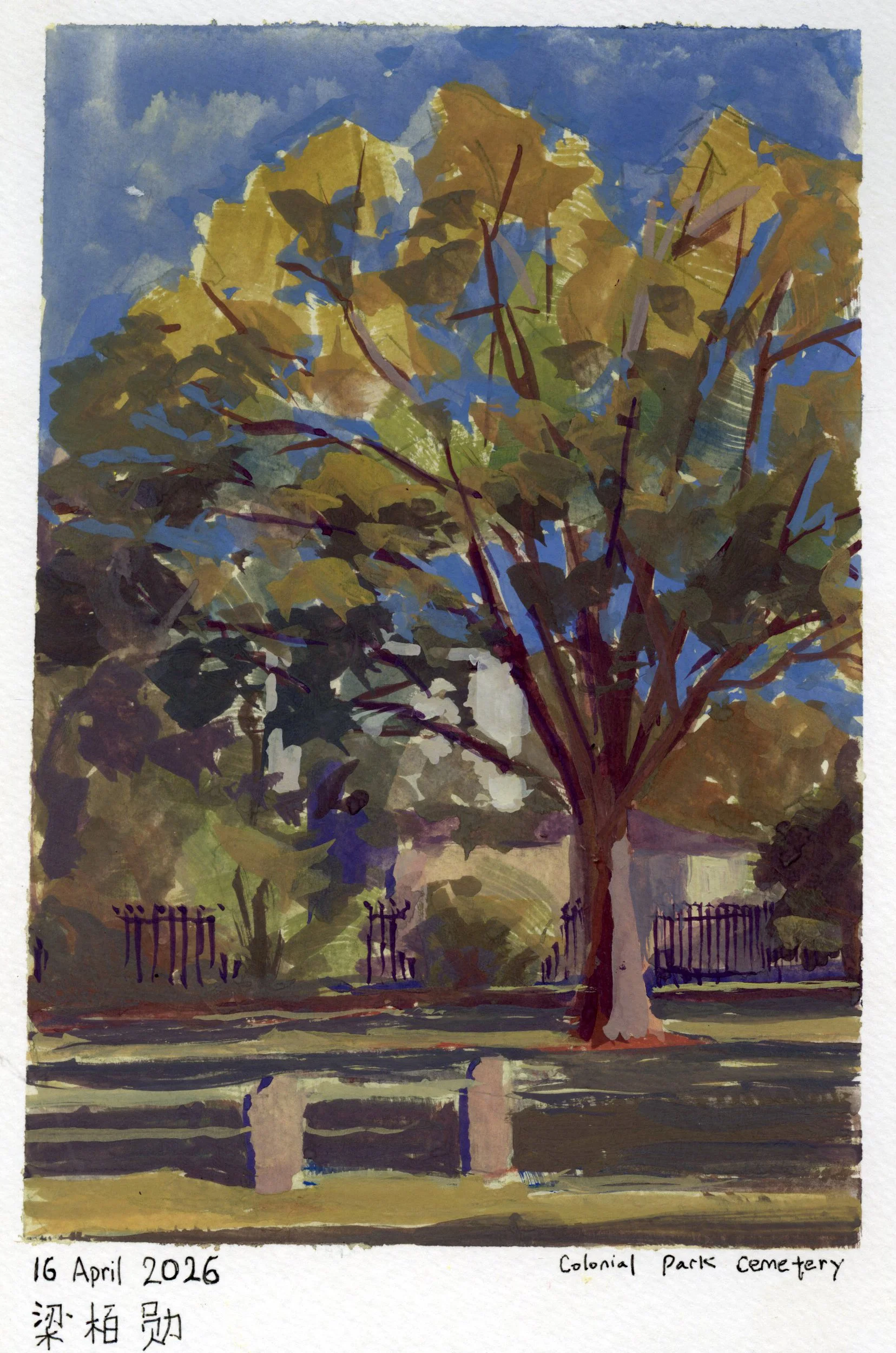Painting of a tree with green and yellow leaves, set against a blue sky, with inscriptions indicating the date '16 April 2016' and the location 'Colonial Park Cemetery'.