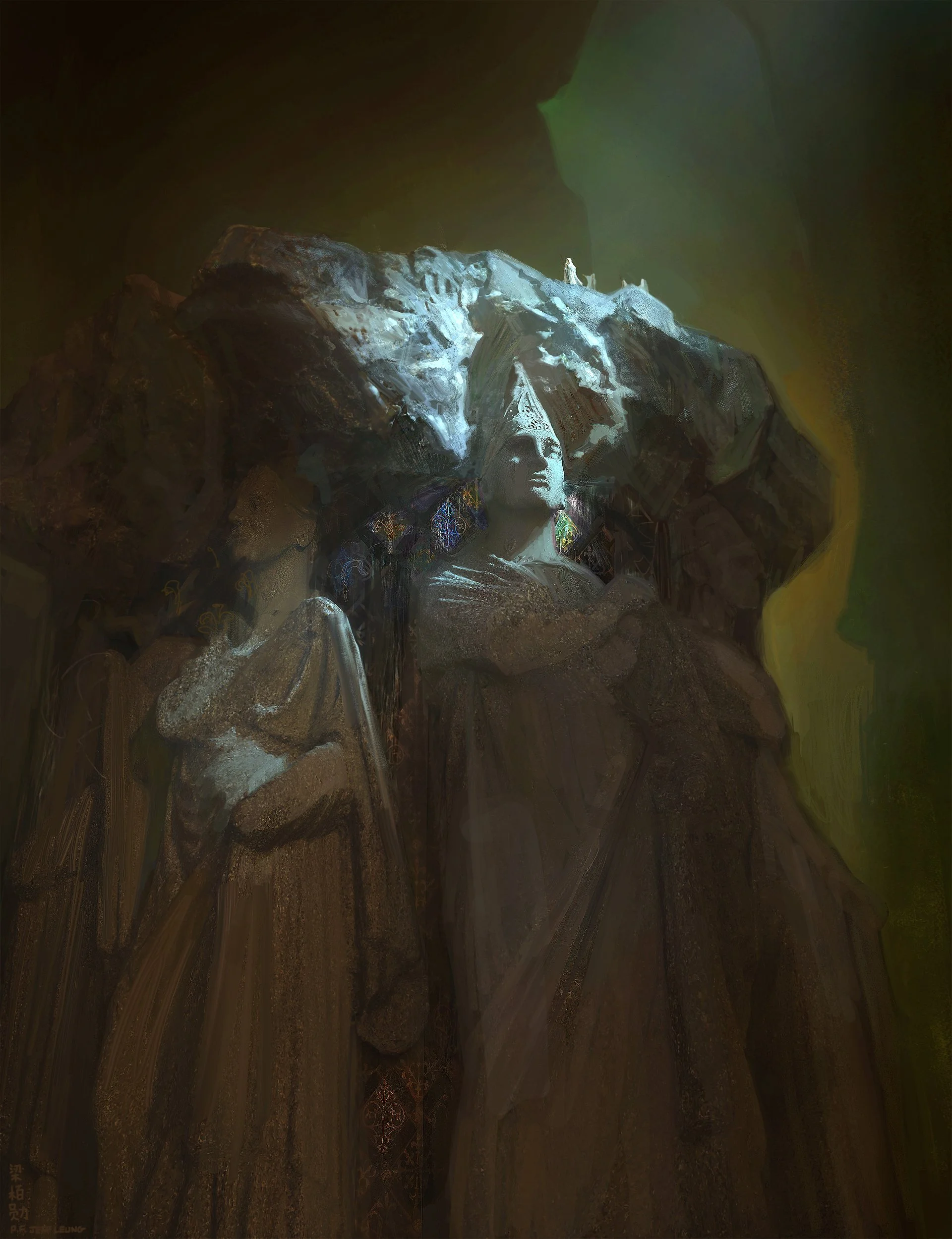 Digitally painted vis dev and concept art for Jeffery Leung's personal IP "To Wish Impossible Things". It depicts travelling wizards hiking across vast cliffs and landscapes or ruined statues of old gods.