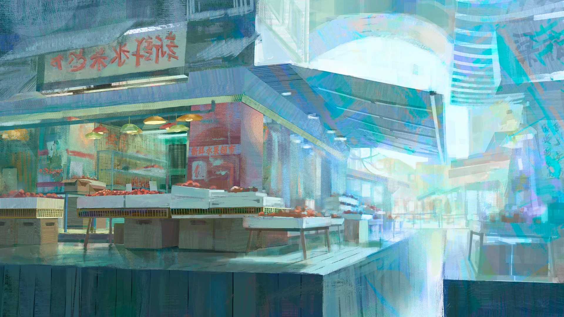 A modern indoor market with a fruit stand selling red apples, featuring a prominent neon sign with Chinese characters. The space is brightly lit with natural light and has a contemporary design with curved glass and metal details.