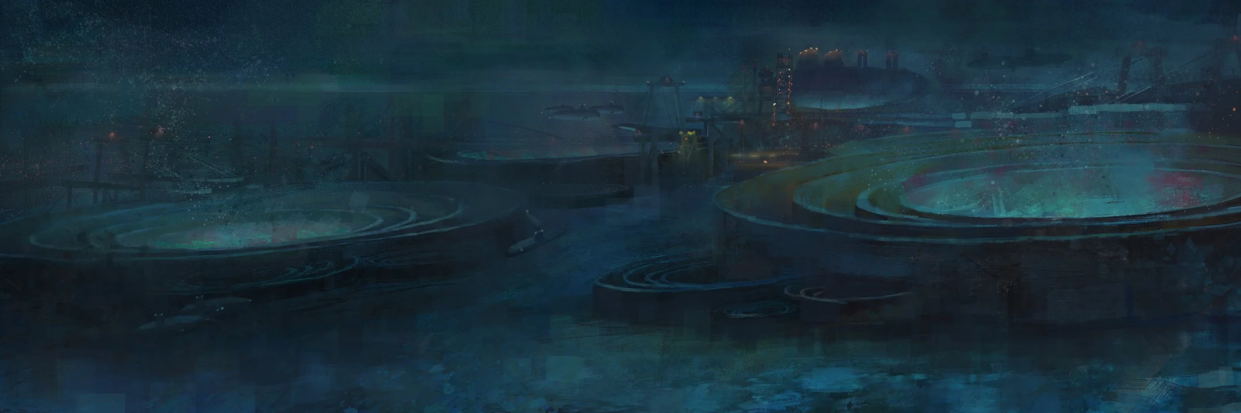 Futuristic cityscape at night with illuminated circular structures and a dark sky.