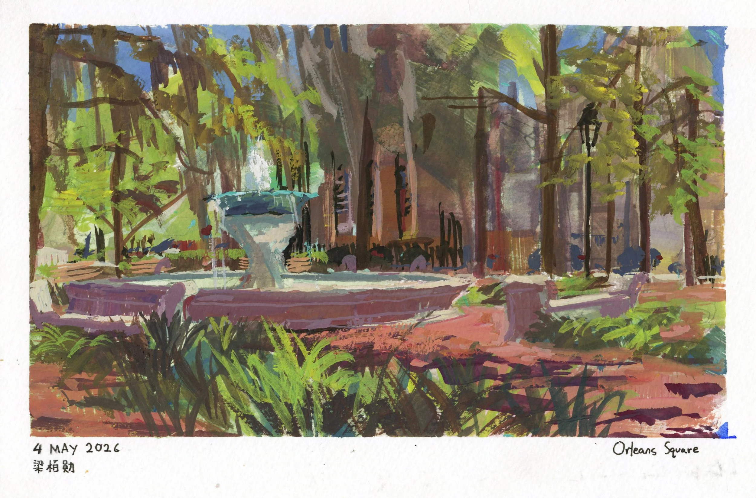 An impressionistic painting of Orleans Square park with a fountain in the center, surrounded by trees and bushes, painted with vibrant colors.