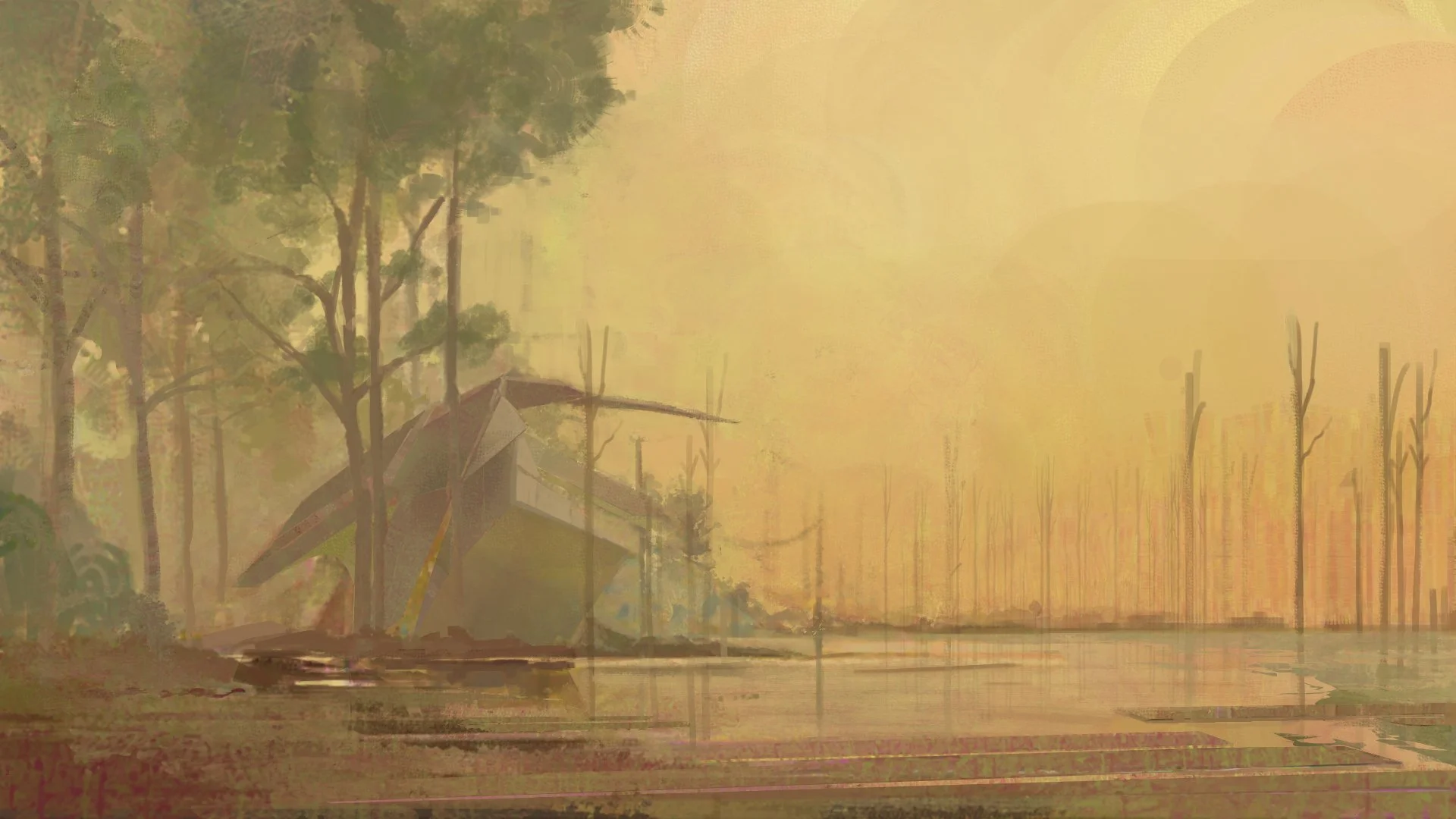 A painting of a house near a body of water, with trees on the left and a field of tall, leafless trees on the right, under a sky with warm, yellowish hues.