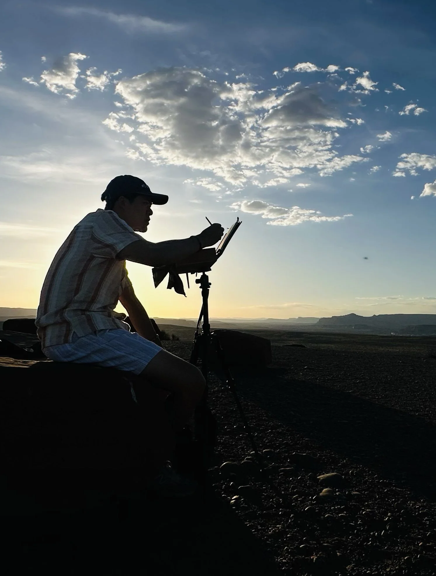 Silhouette of a person sitting on a rock, writing or drawing on a clipboard in an outdoor landscape during sunset or sunrise, with a cloudy sky.