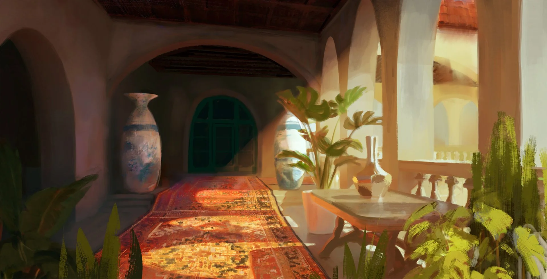 An interior hallway with a large decorative vase, potted plants, and a Thai-style rug, lit by sunlight through window arches.
