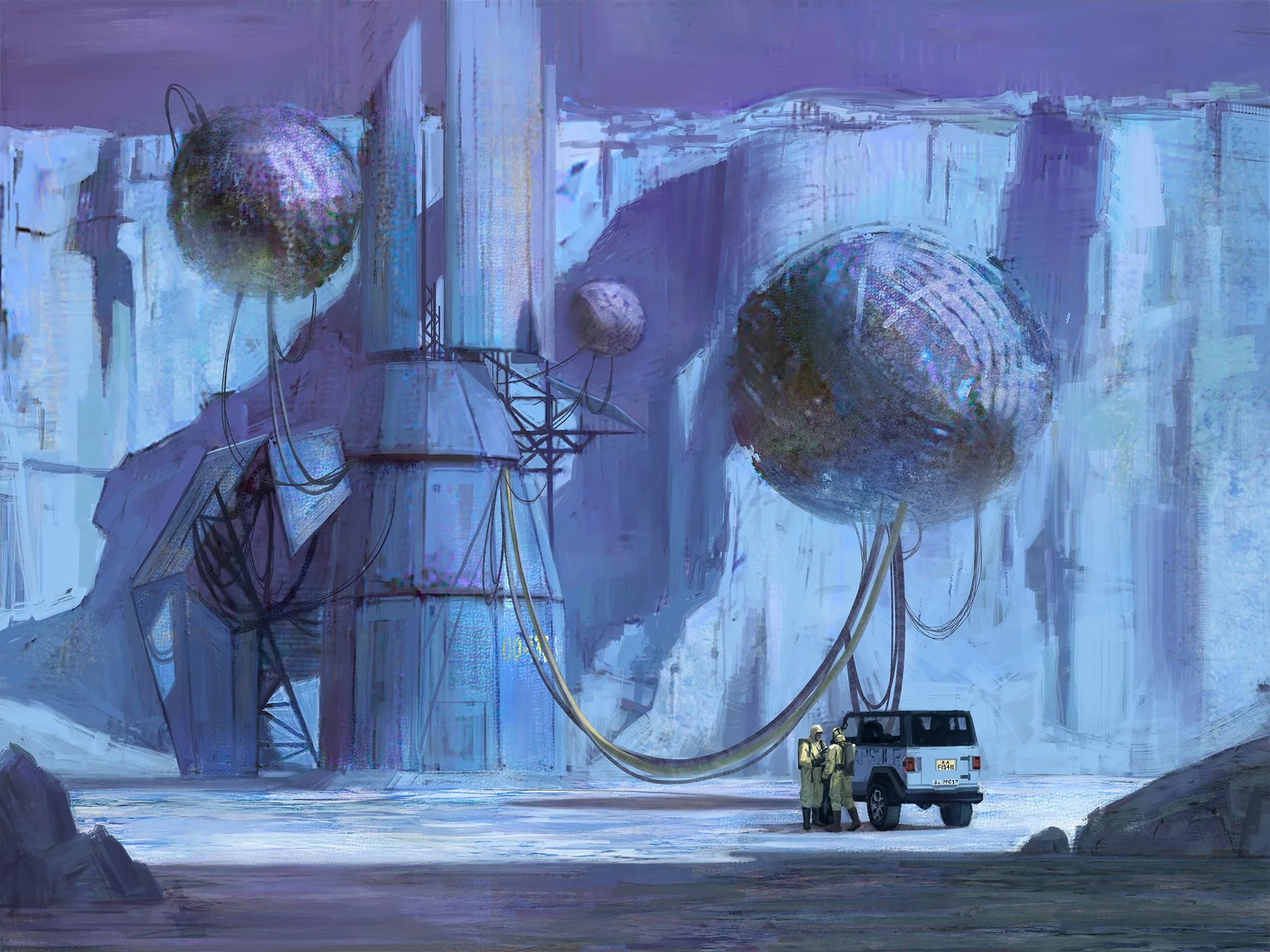 Illustration of a large industrial or space installation with spherical structures, interconnected by cables and supported by steel frameworks, with two individuals in protective gear examining the scene beside a utility vehicle.