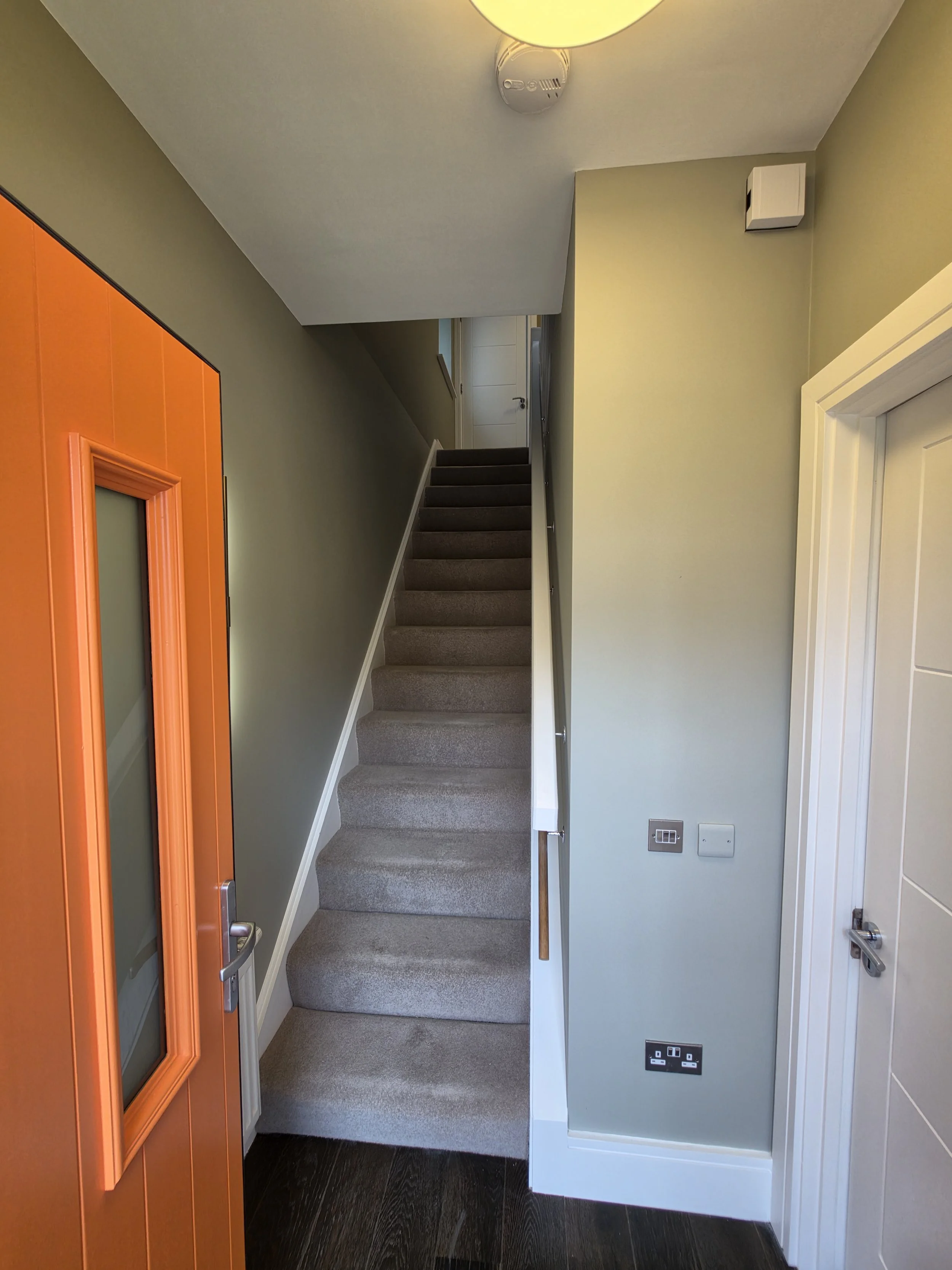 Interior view of a staircase with beige carpet, white walls, a green accent wall, and an orange door with a window. There are electrical outlets and switches on the wall, a smoke detector on the ceiling, and a handrail on the right side of the stairs.