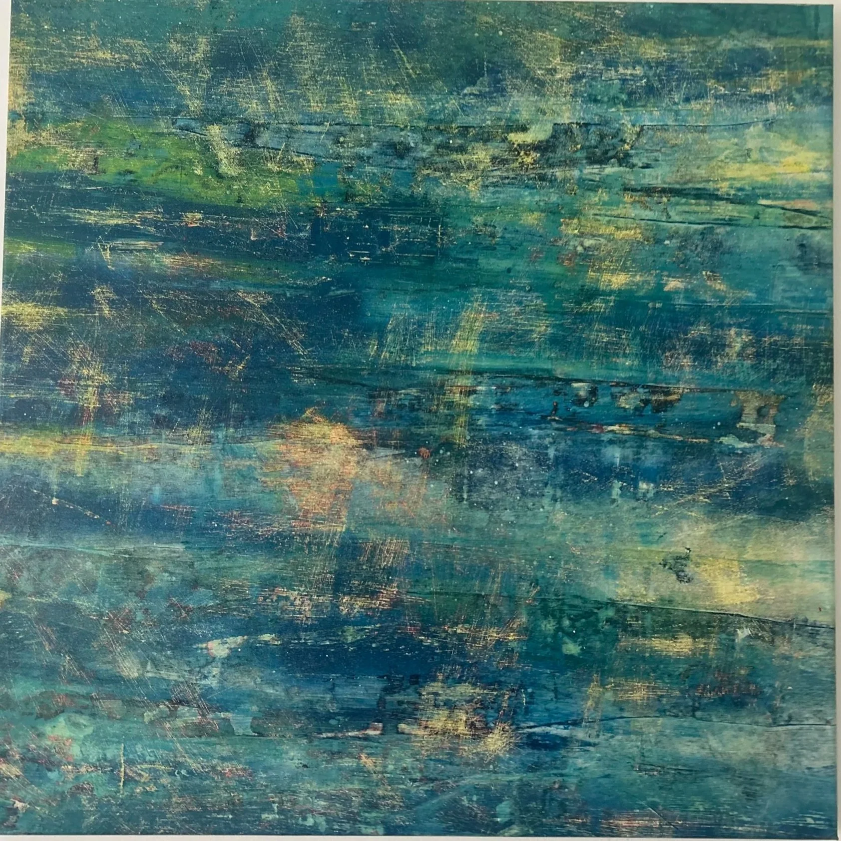 Submerged I — Abstract painting with blue, green, yellow, 
and gold colors, featuring textured and scratched surfaces. 
64 × 64 cm, acrylic on canvas.