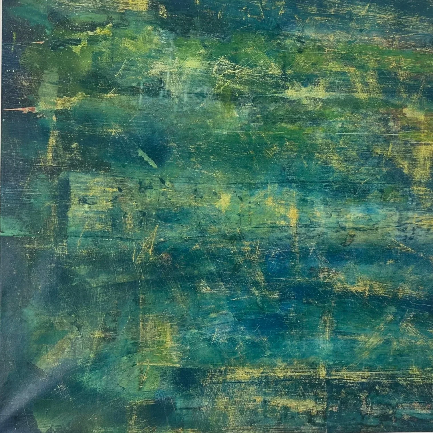 Submerged II — abstract acrylic painting in vibrant green, 
teal, and gold tones. Multi-layered texture created through 
scratching and reveal techniques. 64 × 64 cm, acrylic on 
canvas, 2026.