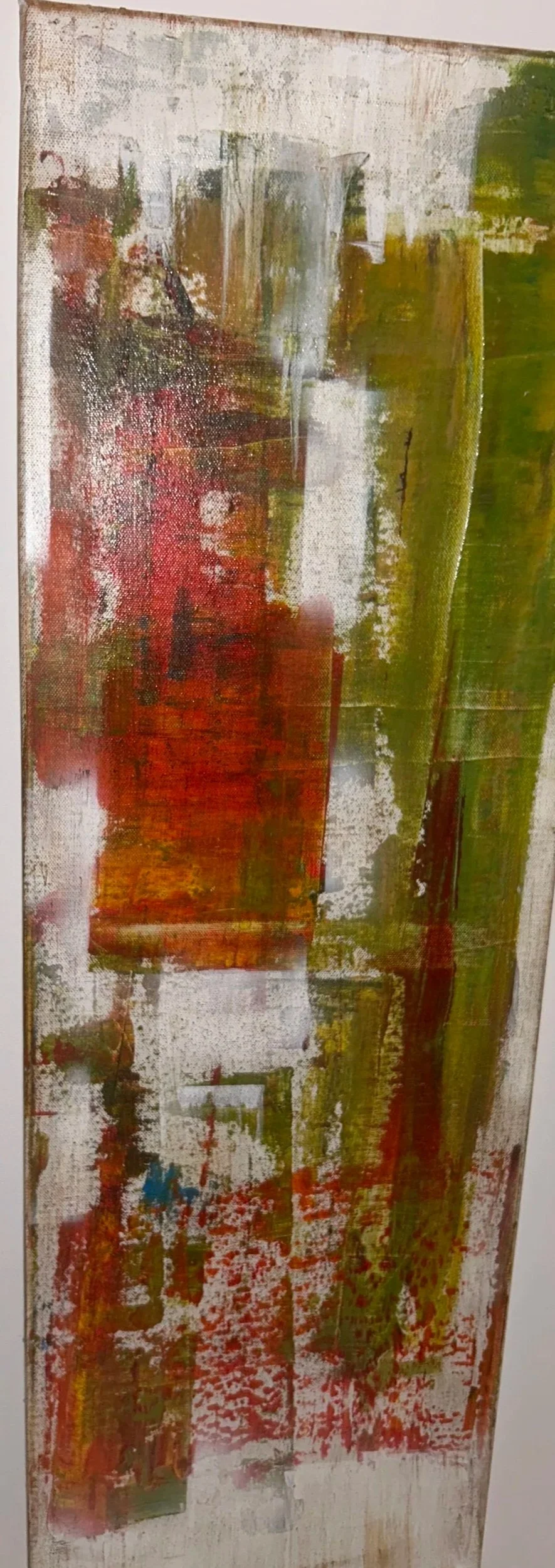 Abstract painting with red, green, yellow, white, and blue colors layered in a textured, mixed-media style.