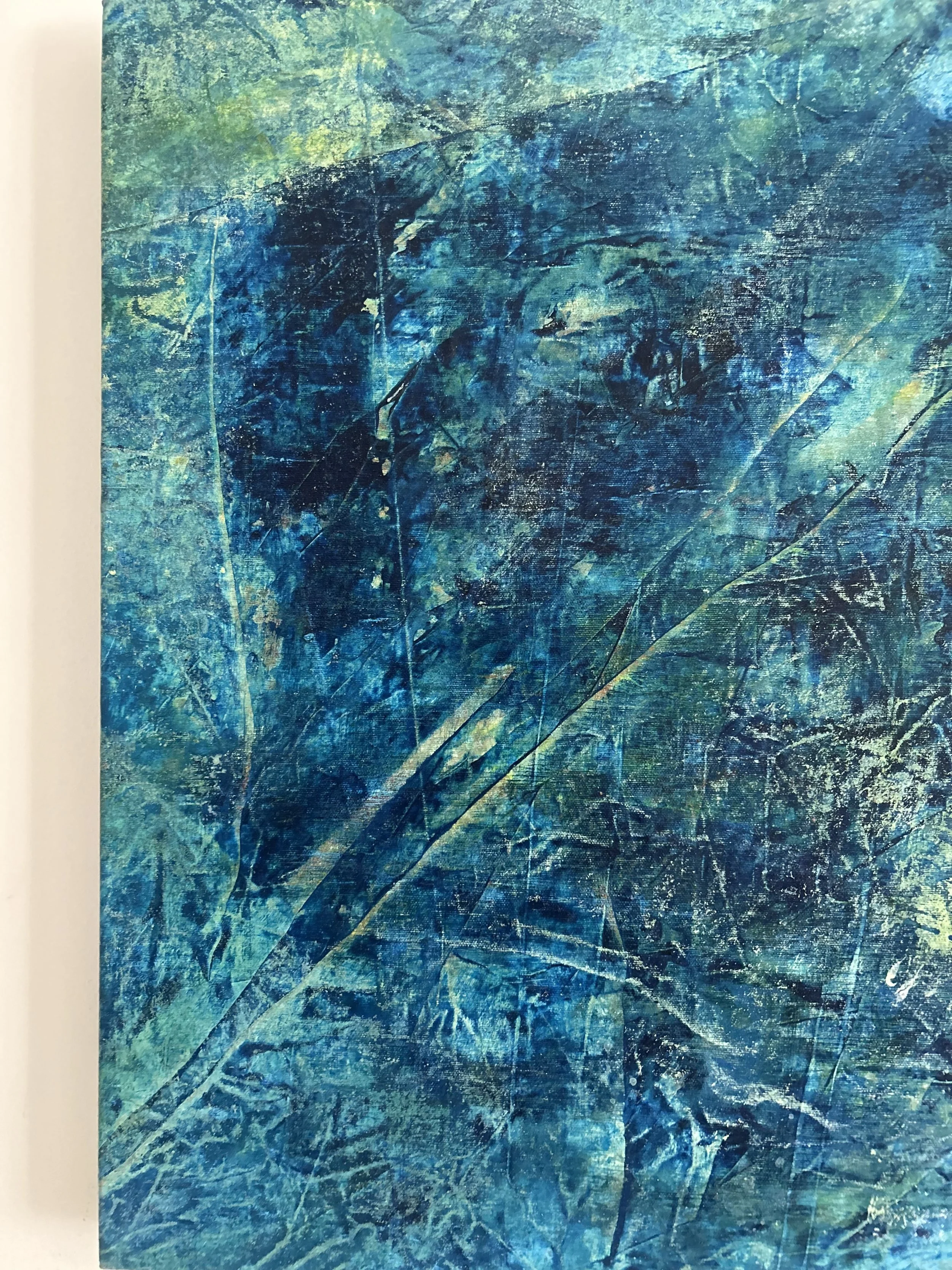 Abstract painting with shades of blue, green, and black, featuring textured and streaked brushstrokes.