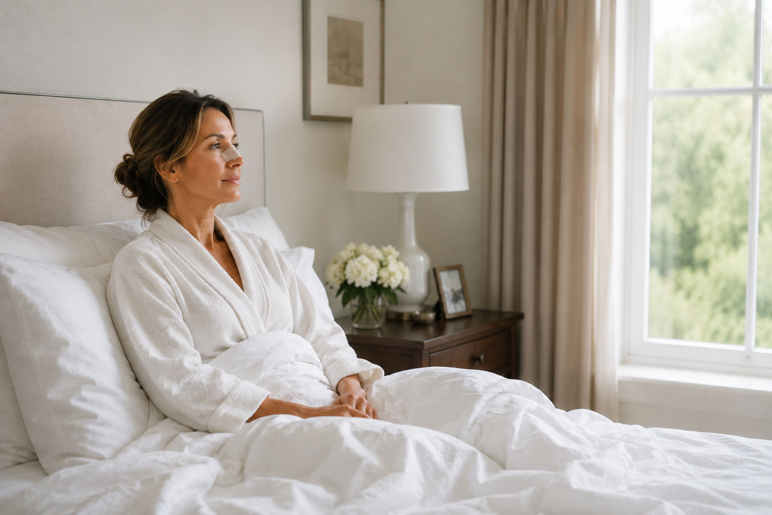 woman in bed recovering with nose bandages