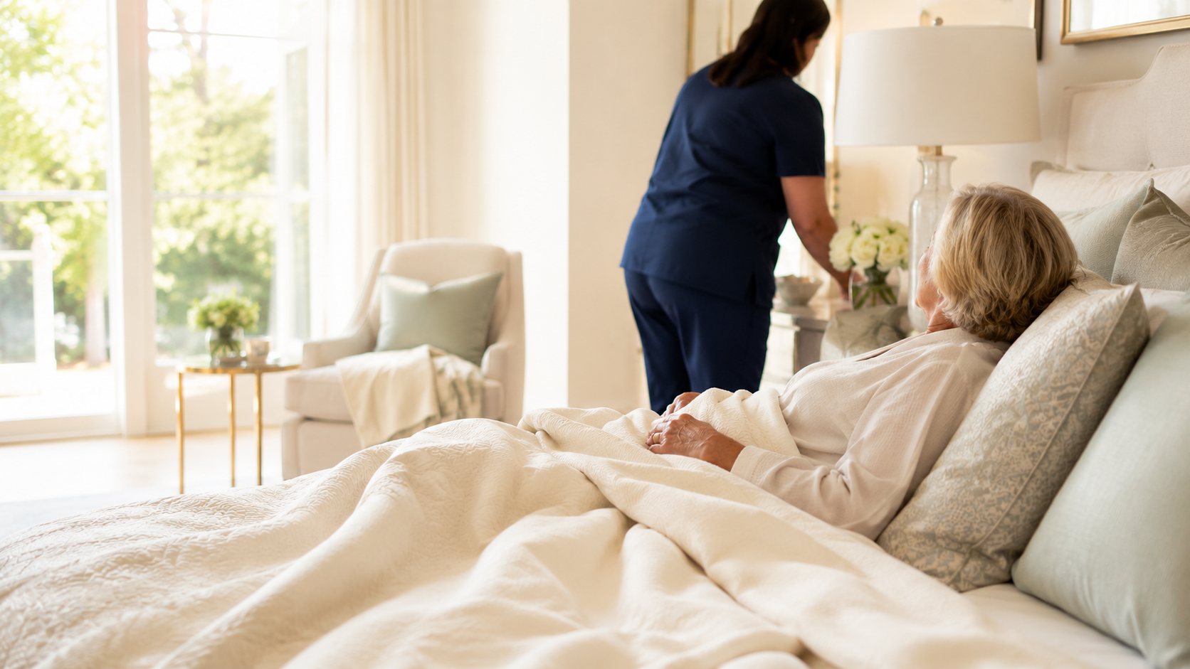patient in bed while nurse is bedside