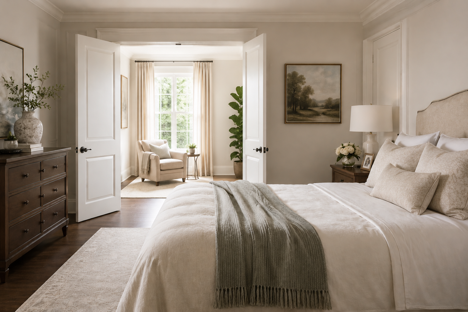 Calm, sunny bedroom with bed, chair, plants