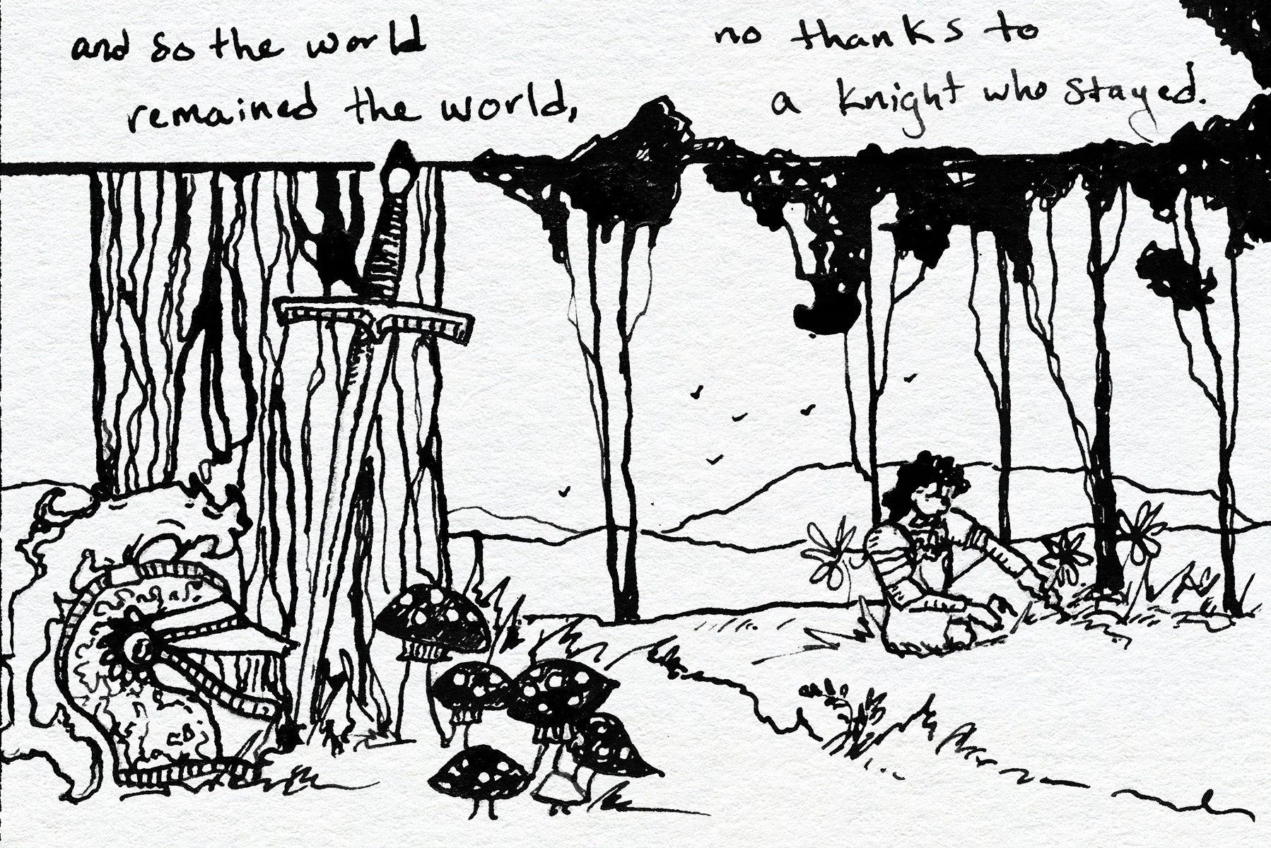 A black and white sketch of a whimsical outdoor scene with a person sitting on the ground near flowers, mushrooms, and a gear-like object. The background features mountains and a sky with small birds. There are handwritten words in the sky, mentionin