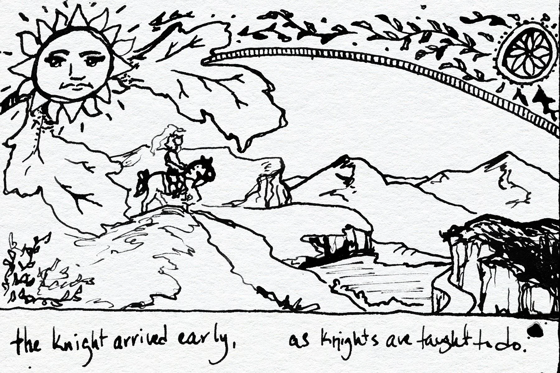 A black-and-white line drawing of a landscape scene with mountains, a winding road, a small building, and trees. A sun with a human face and a worried expression in the top left corner shines light across the scene, accompanied by a bright circle wit