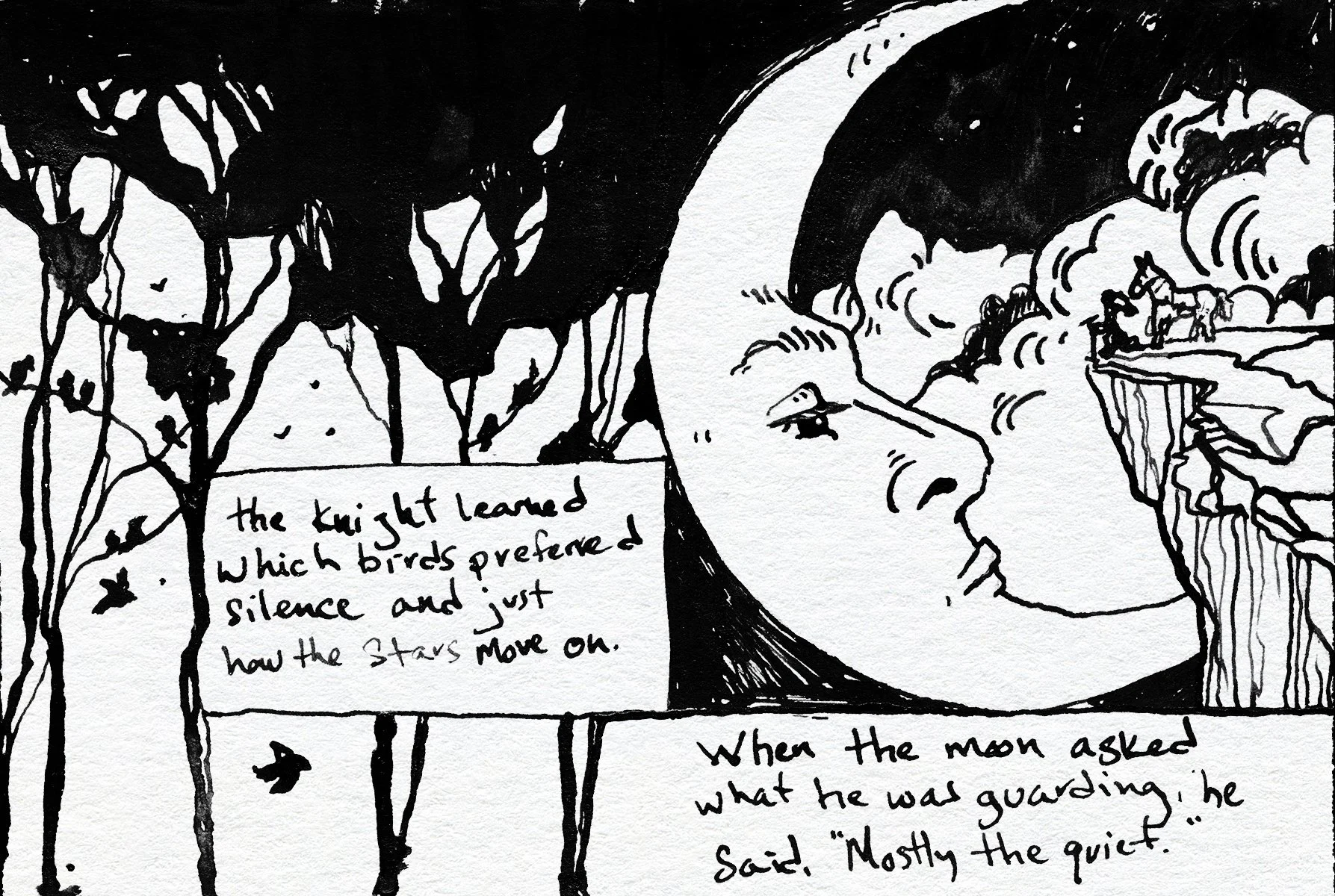 A black and white illustration of a woman's profile with closed eyes, surrounded by handwritten text. The text on the left reads, 'the kniht learned which birds preferred silence and just how the stars move on.' The right side includes more handwritt