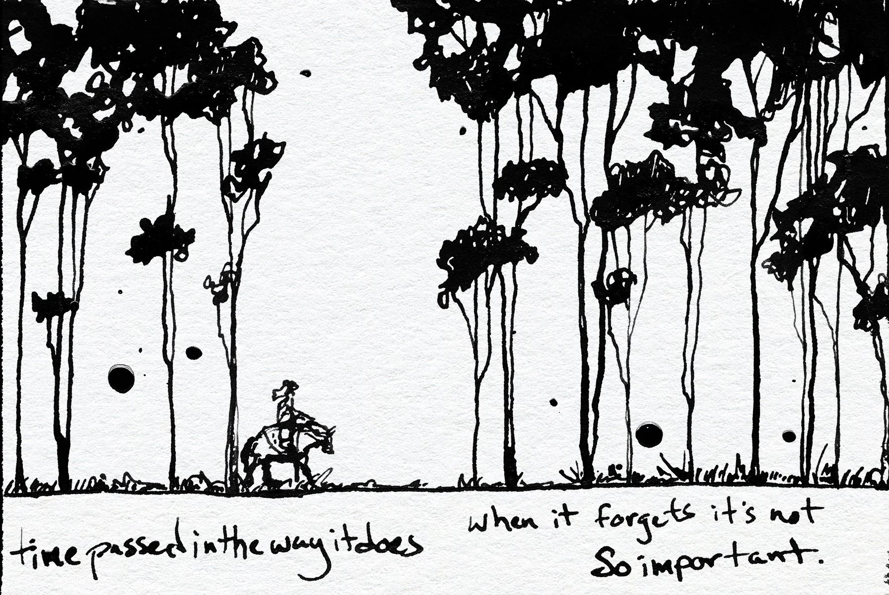 A black ink drawing of tall trees with hanging branches, a small house with a sloped roof, and handwritten text at the bottom.