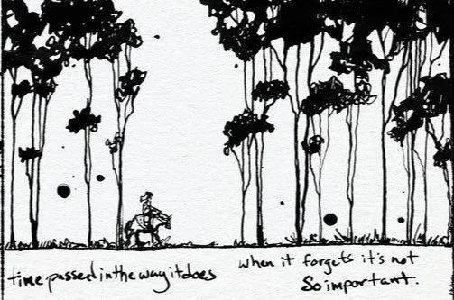 A person riding a bicycle through a surreal forest of hanging cars instead of trees, with handwritten text saying, 'time passed in the way it does when it forgets it's not so important.'