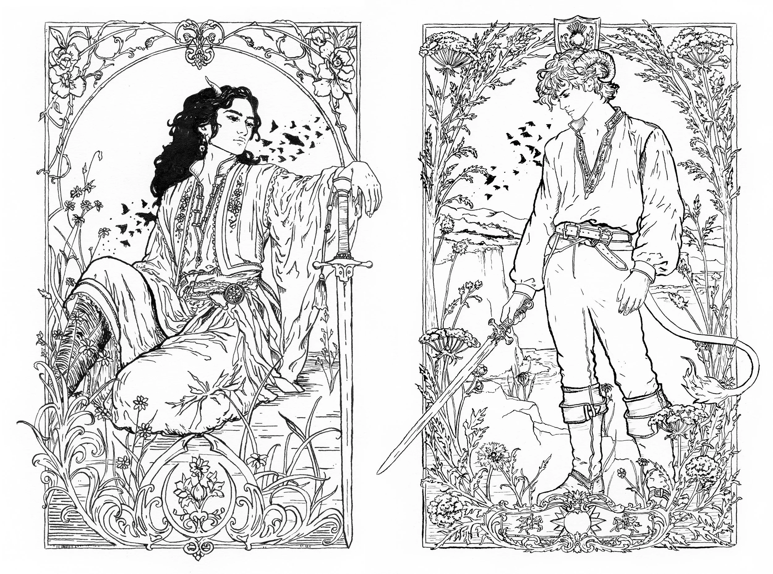 Line drawing of two medieval fantasy-style characters, a female with horns and a sword seated in an ornate frame with floral and vine decorations on the left, and a male with horns and a sword standing in a landscape frame with mountains and plants on the right.