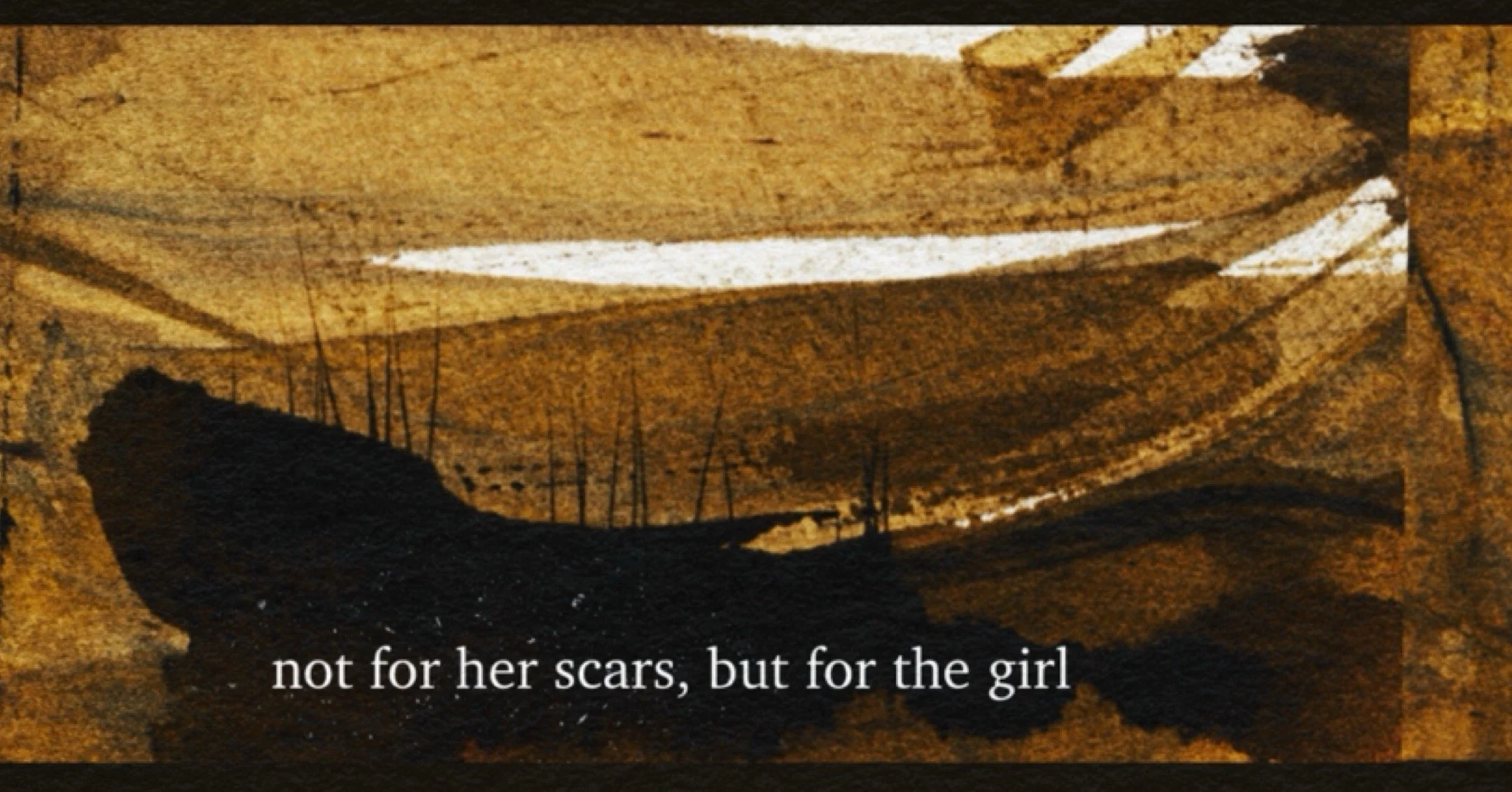 A sepia-toned photograph of a mountain landscape with a silhouetted figure standing on a hill in the foreground. The scene includes distant mountains and a cloudy sky with the caption, 'not for her scars, but for the girl'.