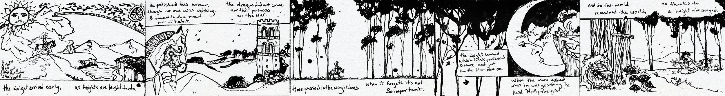 A black and white comic strip depicting a medieval knight, a castle, a forest, and a girl sleeping, with handwritten text narrating a story.