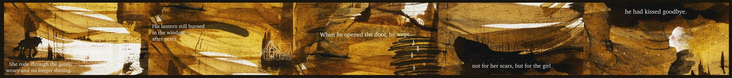 A series of illustrated scenes with text, depicting a story involving a girl, a house, a lantern, a door, and a goodbye, set against a textured, brown and gold background.