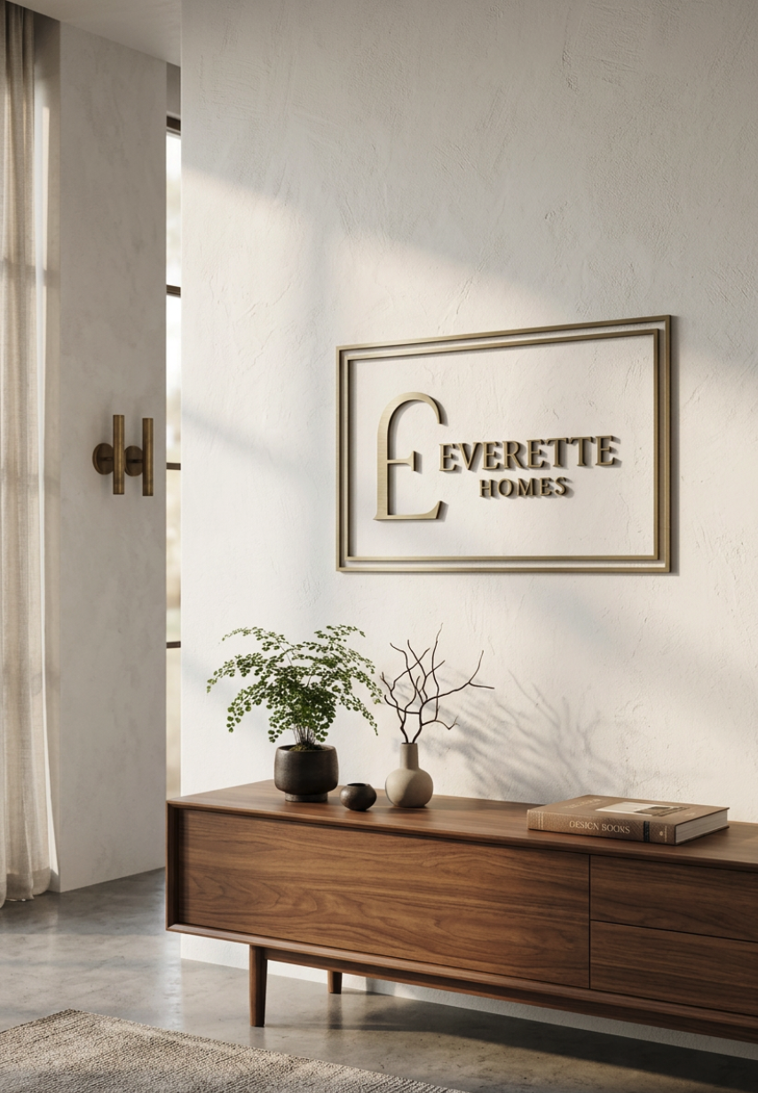 Interior of a modern home with a wooden sideboard, decorative vases, and a wall sign that reads 'Everette Homes'.