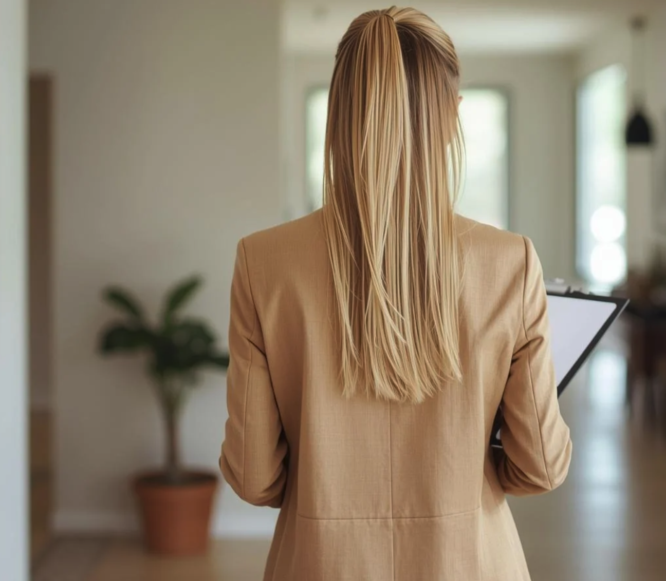 Back of a woman with long, blond hair wearing a beige blazer, holding a tablet in a bright, modern interior with a potted plant in the background.