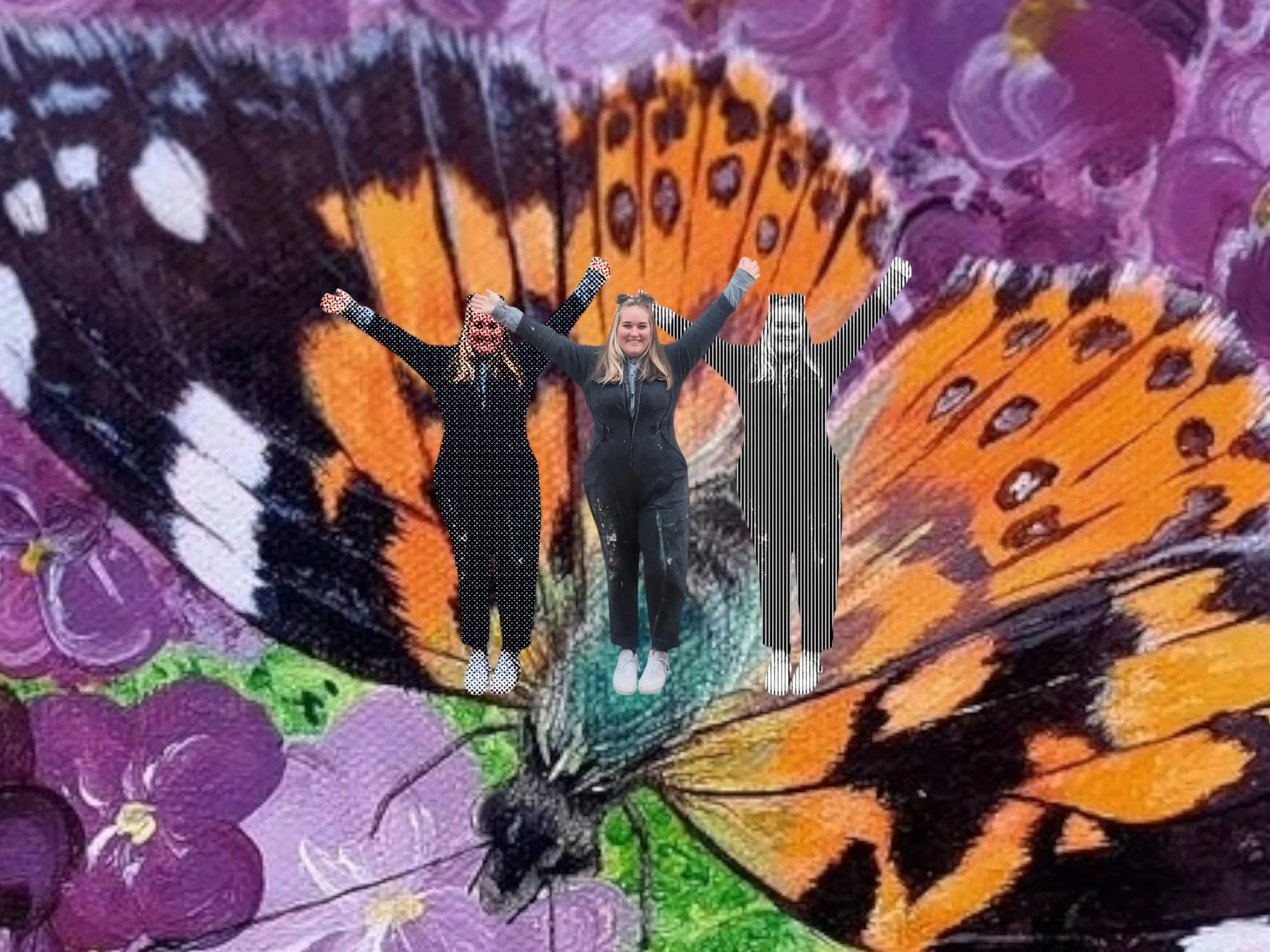 A woman standing in front of a large, colorful butterfly wings display, with her arms raised in celebration.