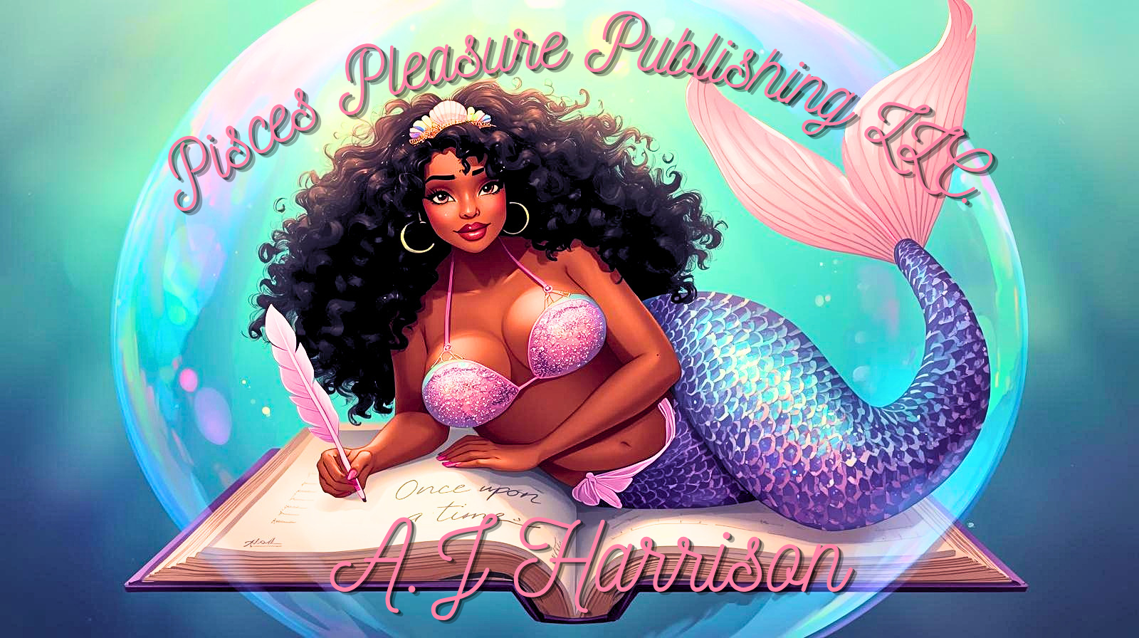 A digital illustration of a mermaid with curly black hair, wearing a pink glittery bikini top, resting on an open storybook titled 'Once upon a time.' She is holding a pink feather quill. The background is a vibrant, colorful underwater scene with bubbles. Text overlays read 'Piece Publishing LLC' and 'A. J. Harrison.'