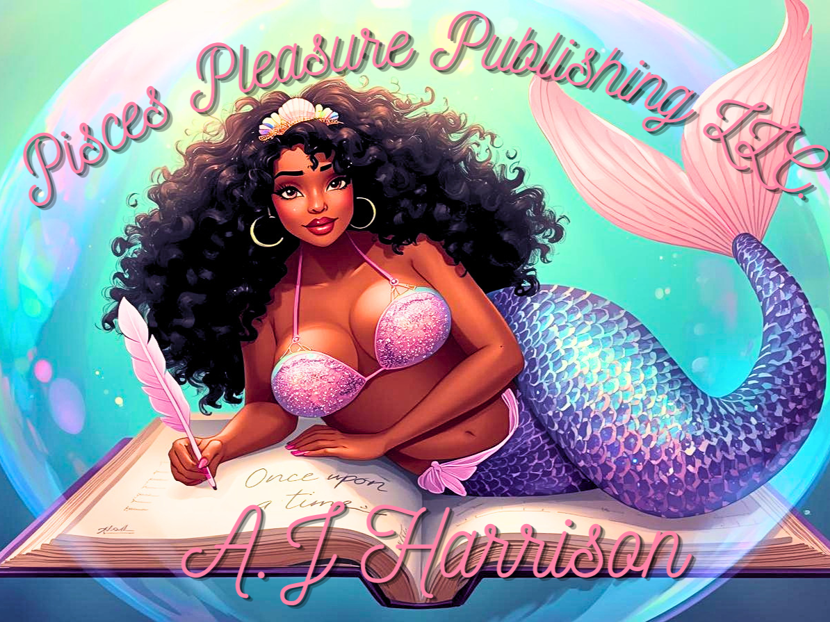 A colorful digital illustration of a mermaid with dark, curly hair, wearing a pink sparkly bikini top and purple scales, holding a pink feather quill, resting on an open storybook. The background is a pastel, shimmering underwater scene with bubbles. The text says 'Piace's Pleasure Publishing LLC' at the top and 'A. J. Harrison' at the bottom.