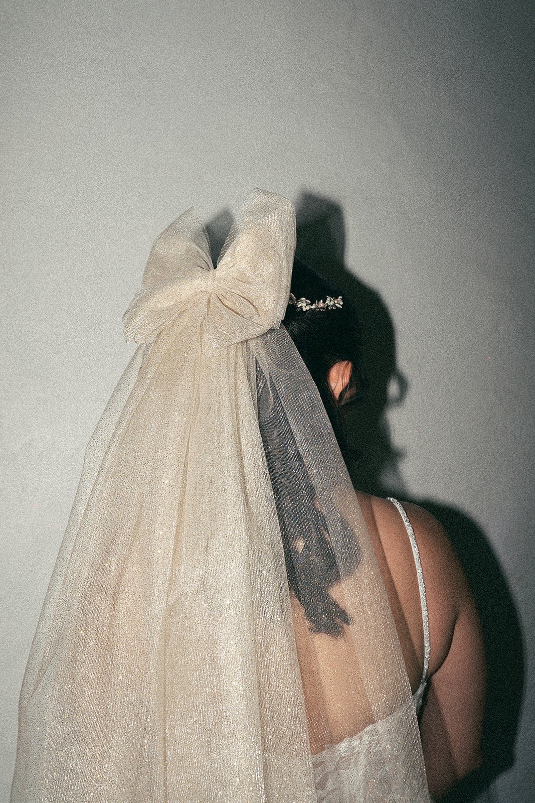 Mujer con vestido de novia y tiara, sosteniendo velo con la mano, parcialmente oculta tras el velo