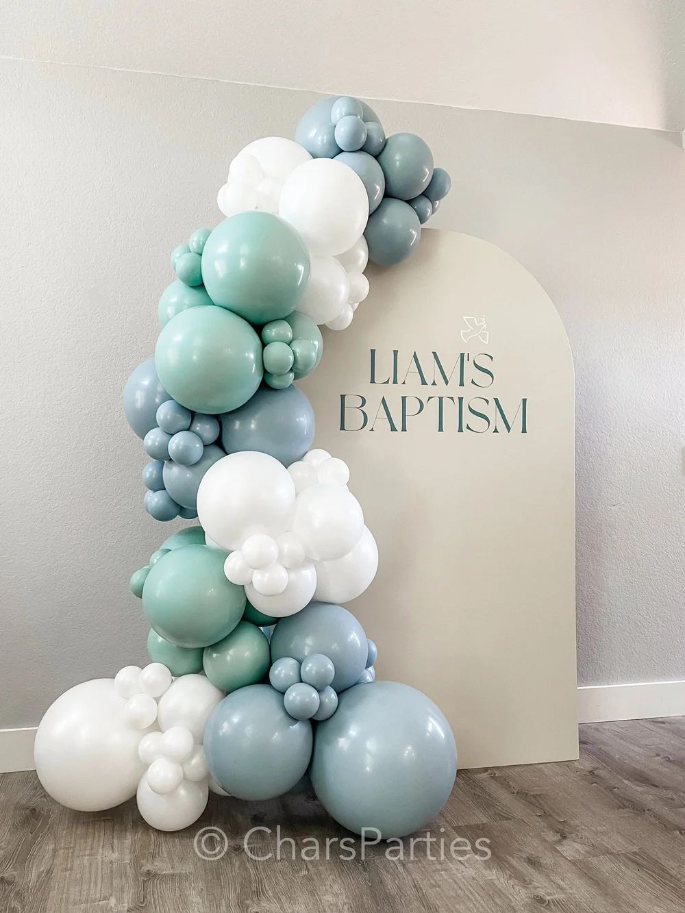 Sage, blue and white grab-and-go balloon garland with baptism sign