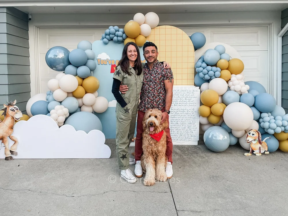Custom blue, cream and white balloon installation with cloud backdrop in Orange County