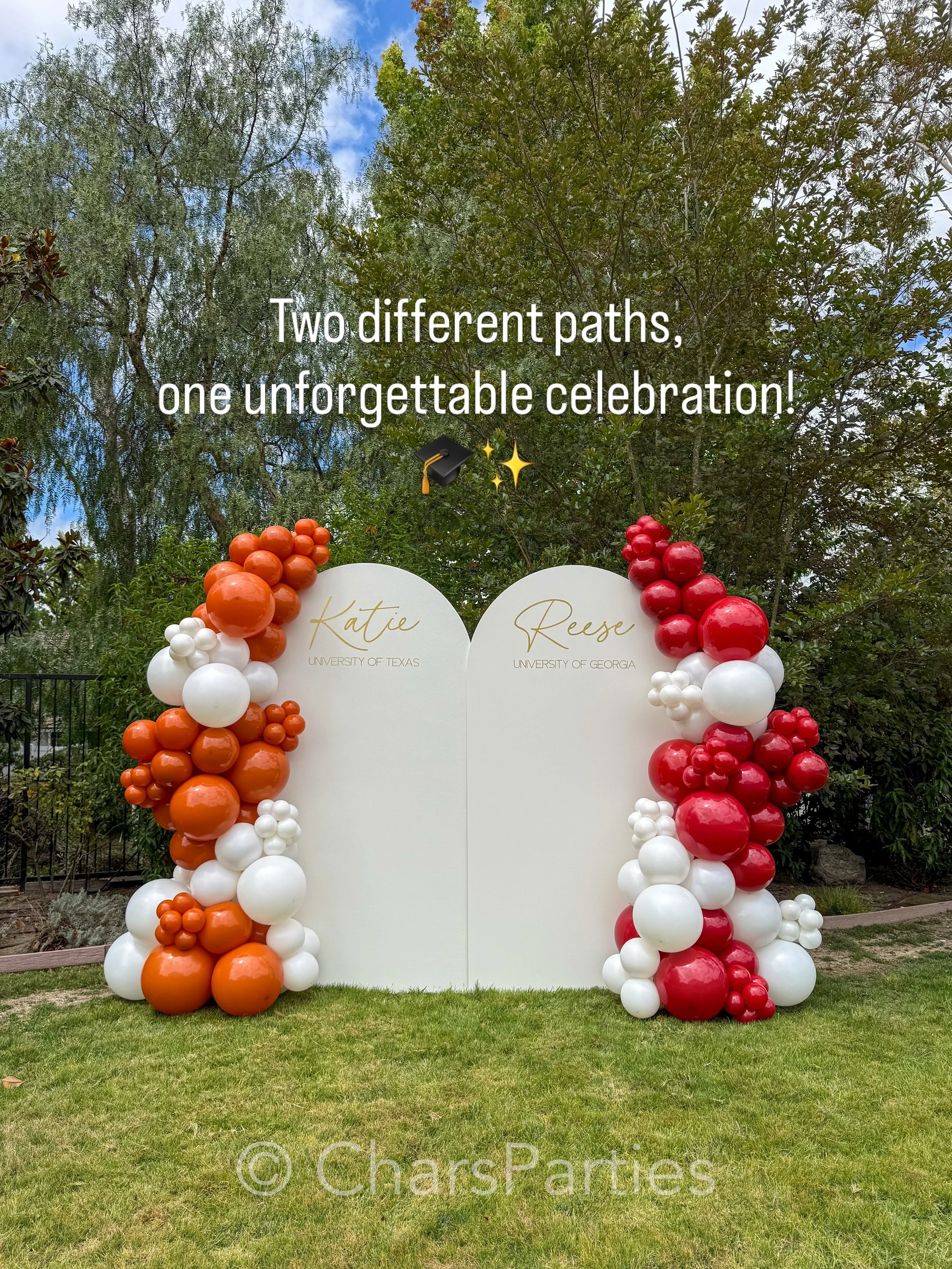 Best friends celebrate big, even when they are headed to different schools! 
We loved bringing this joint graduation party to life with custom decor that perfectly matched both of their next chapters. 

Swiping through, you can see how we seamlessly 