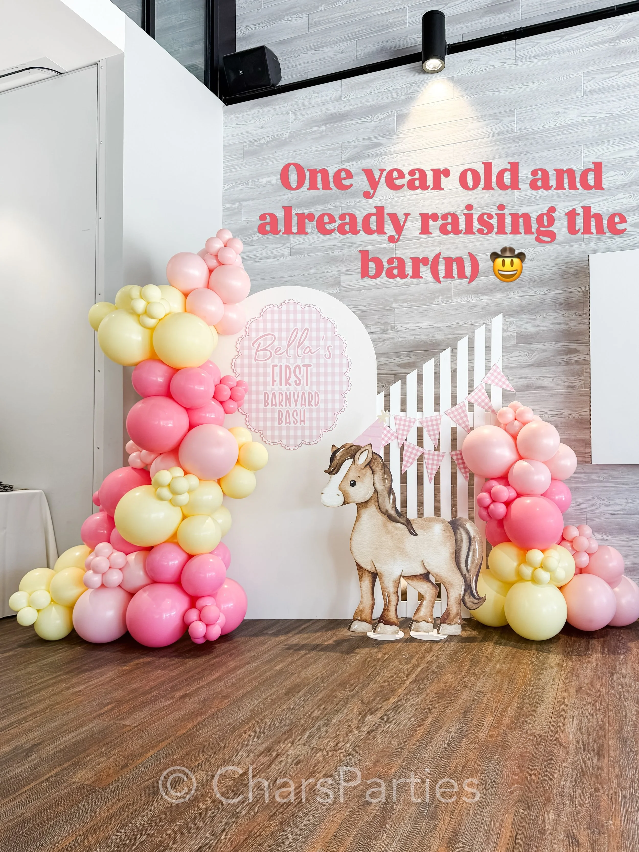 Bella&rsquo;s First Barnyard Bash &amp; Boogie was all about taking the classic farm-party theme and giving it the sweetest little makeover. 💕✨

Think soft pinks, buttery, yellow, gingham details, a charming pony, and balloons layered in all the pre