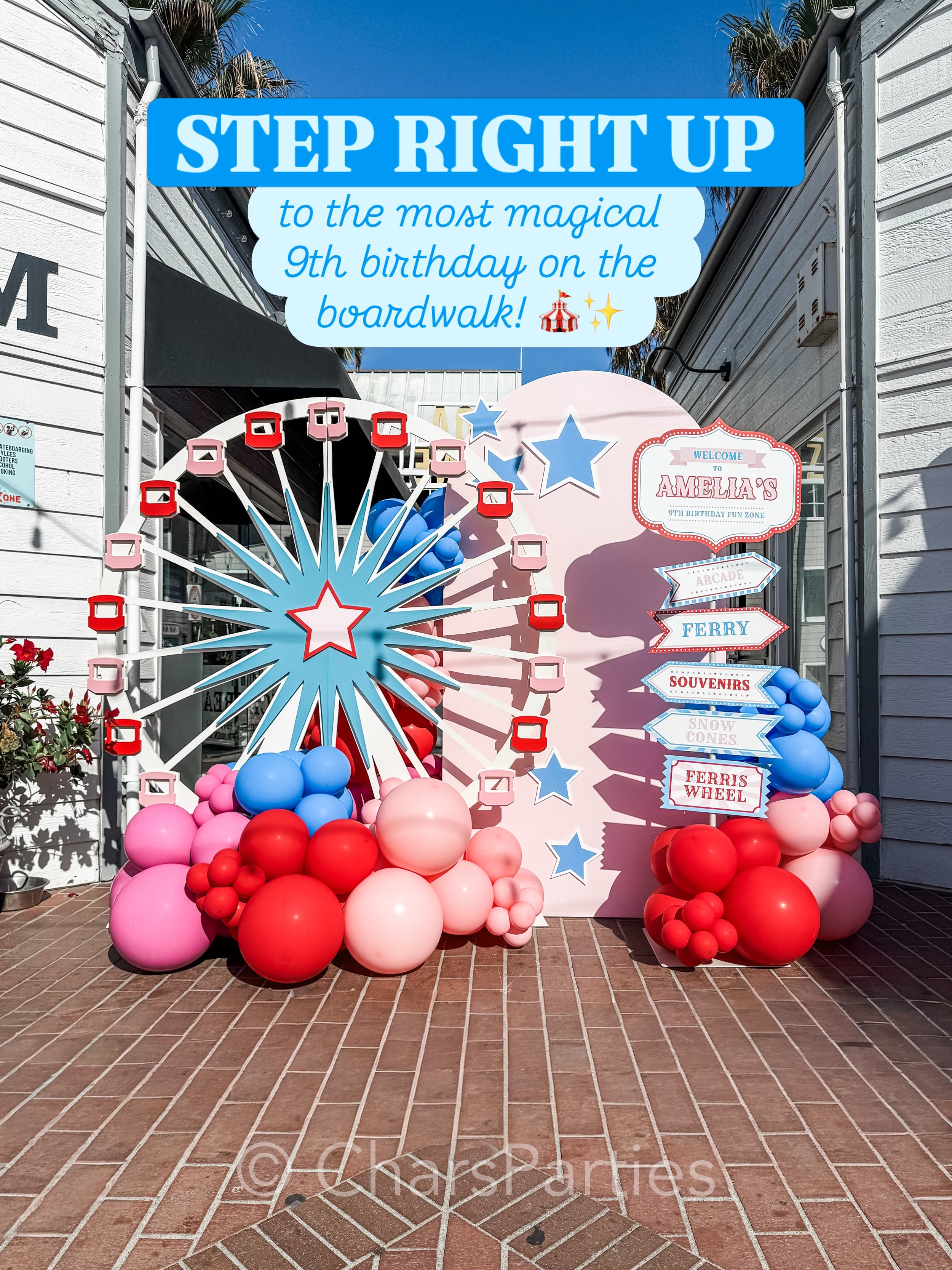 We brought the ultimate carnival fun zone to life for Amelia&rsquo;s 9th birthday at Balboa Fun Zone! From a custom fringe number 9 to a pastel ferris wheel backdrop and popping balloon installations, every single detail was absolute magic. Swipe thr