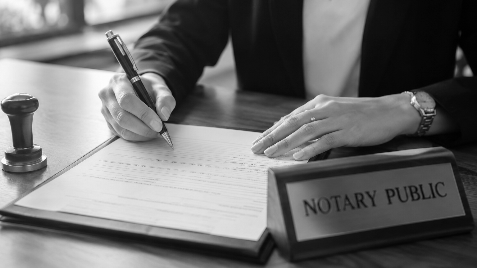 A person signing a document at a desk, with a notary public sign in front of them and a stamp nearby.
