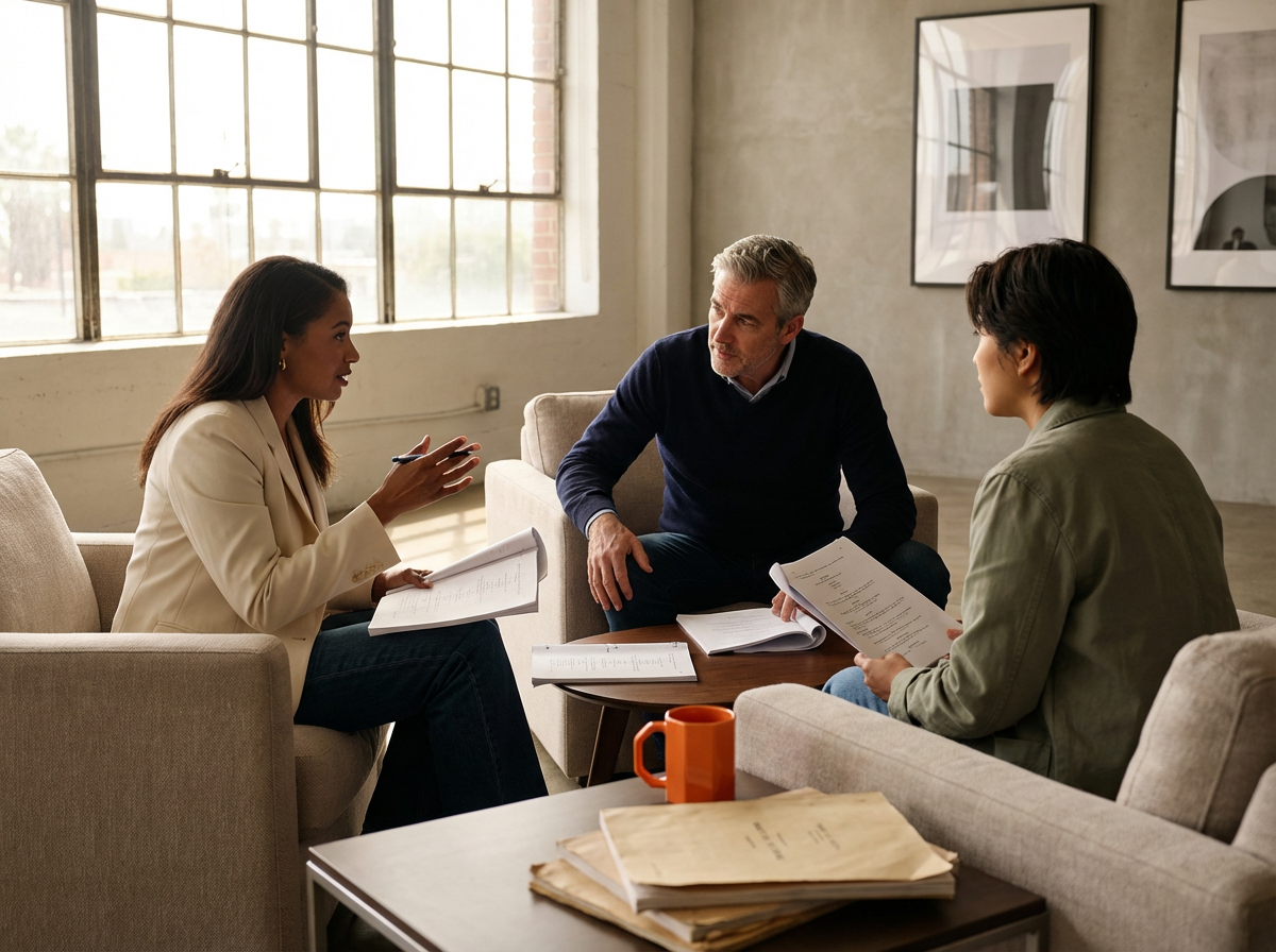 Three people in a meeting room having a discussion. The woman on the left is speaking and gesturing with her hands, the man in the middle and the woman on the right are listening. They have papers and notebooks in front of them, and a large window is behind them.