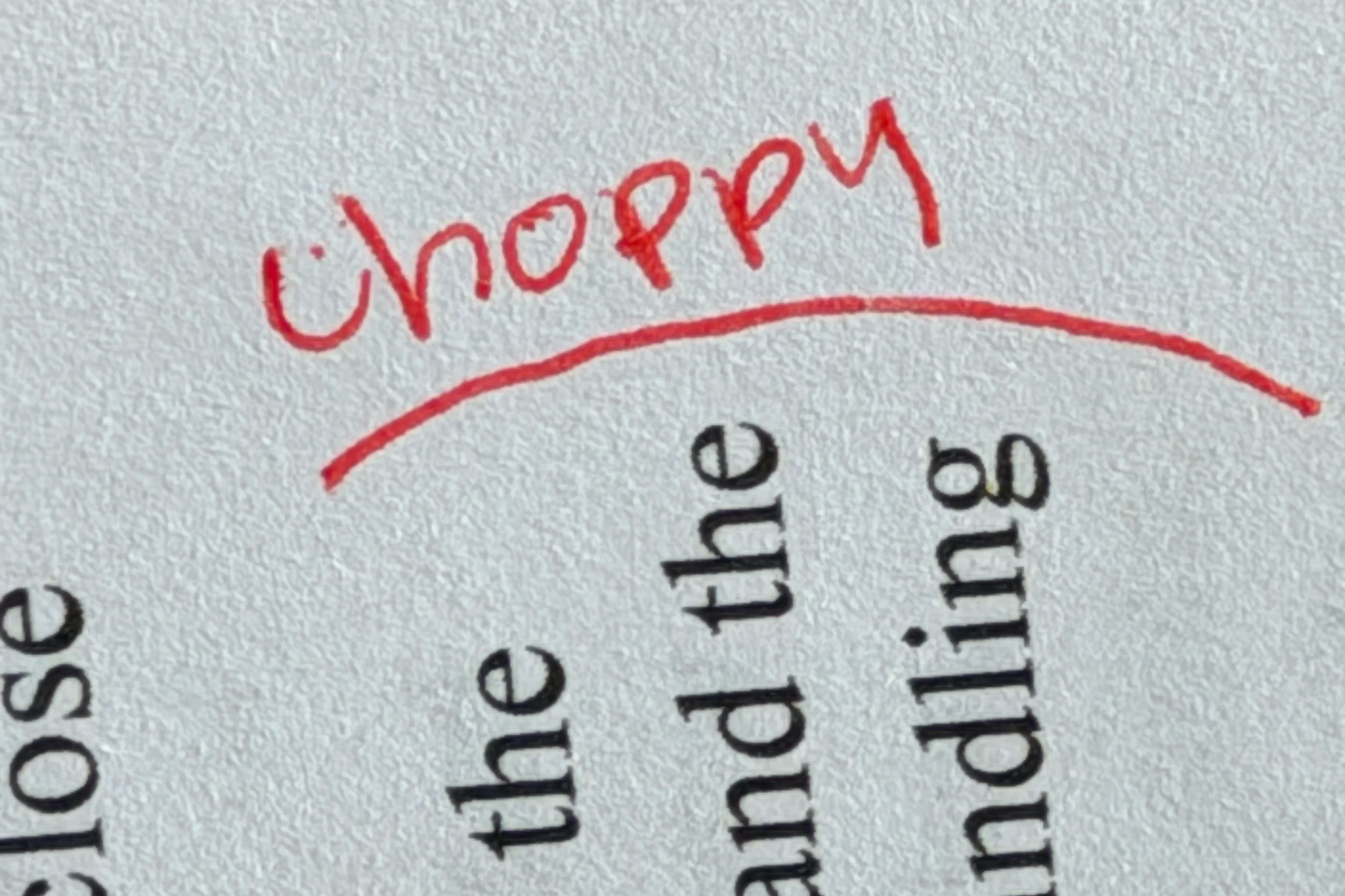 a close up of a fantasy author's book with the word "choppy" written in red pen as an edit.