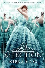 A girl in a blue ball gown surrounded by other girls in similar dresses, with a forest background, from the cover of the book 'The Selection' by Kiera Cass.