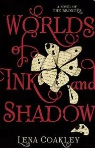 Book cover titled 'Worlds Ink and Shadow' by Lena Coakley, featuring a cracked butterfly with ink-like splatters on a black background.