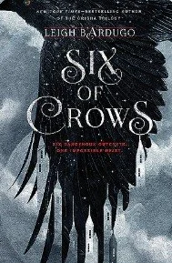 Book cover for 'Six of Crows' by Leigh Bardugo featuring dark, stylized crow wings against a cloudy sky background.