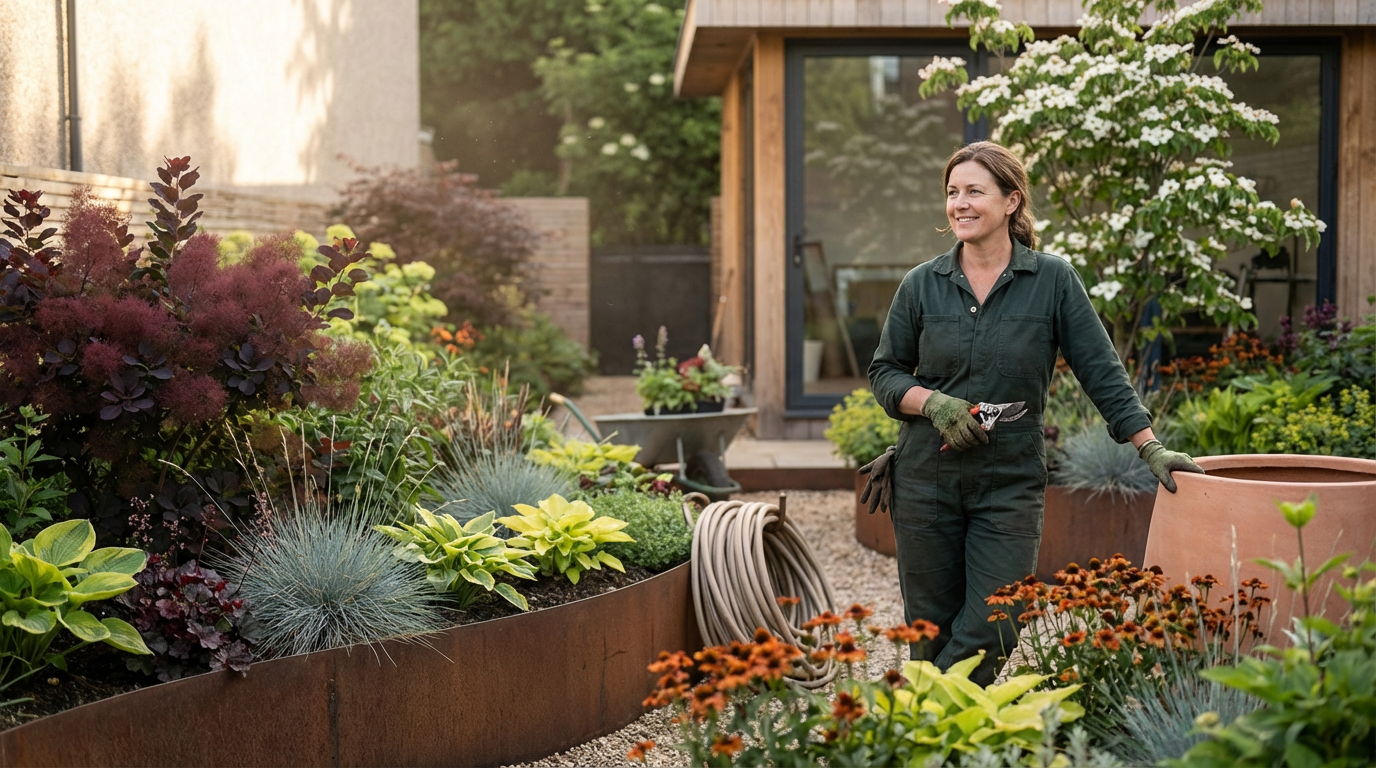 A woman in gardening overalls and gloves smiling in a lush garden with various plants and flowers, standing near large pots and a hose, with a modern house in the background.